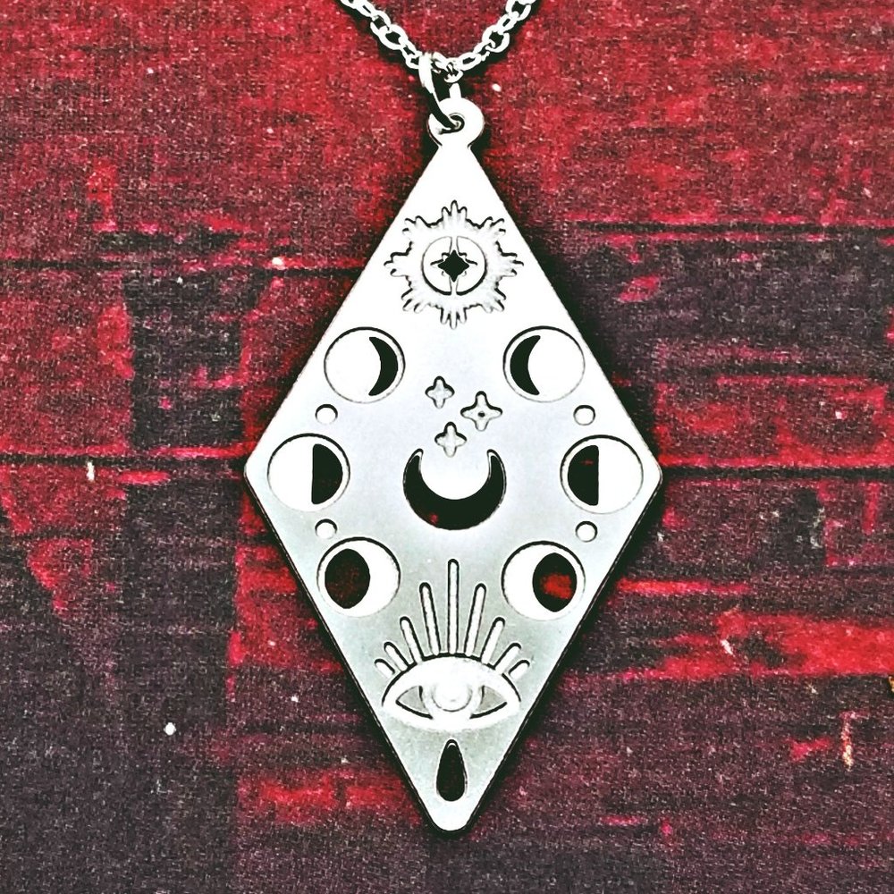 Moon Phases & Third Eye in Diamond Silver Necklace